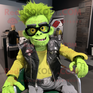 Lime Green Frankenstein'S Monster mascot costume character dressed with a Moto Jacket and Eyeglasses