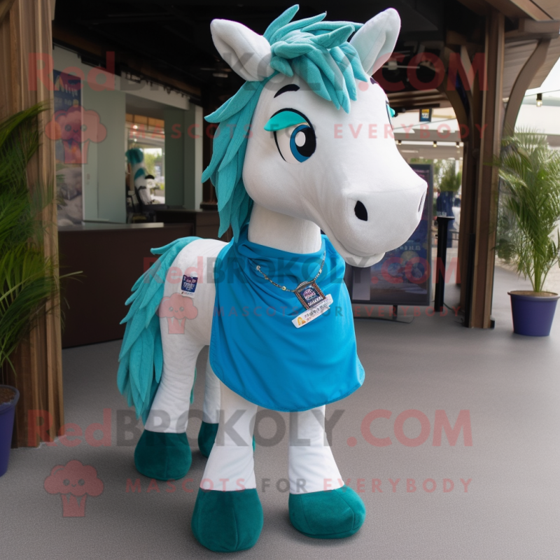 Turquoise Horse mascot costume character dressed with a Oxford Shirt and Scarves Turquoise Horse mascot costume character dressed with a Oxford Shirt and Scarves