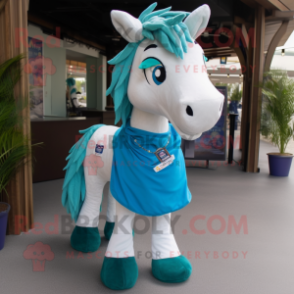 Turquoise Horse mascot costume character dressed with a Oxford Shirt and Scarves