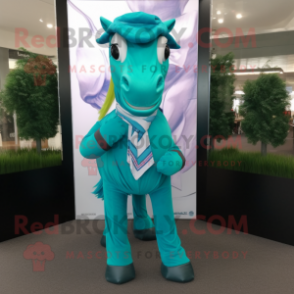 Turquoise Horse mascot costume character dressed with a Oxford Shirt and Scarves