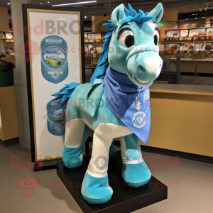 Turquoise Horse mascot costume character dressed with a Oxford Shirt and Scarves