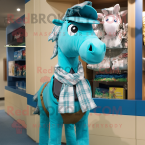 Turquoise Horse mascot costume character dressed with a Oxford Shirt and Scarves