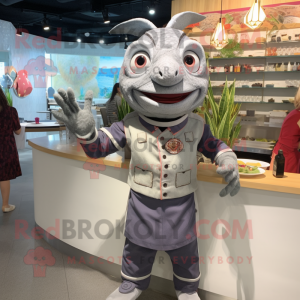 Silver Ceviche mascot costume character dressed with a Dress Shirt and Brooches