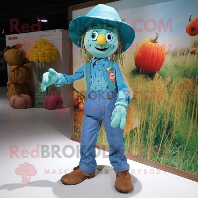 Turquoise Scarecrow mascot costume character dressed with a Boyfriend Jeans and Pocket squares