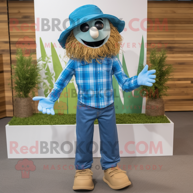 Turquoise Scarecrow mascot costume character dressed with a Boyfriend Jeans and Pocket squares