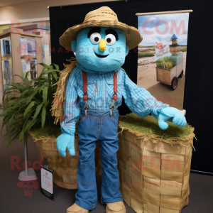 Turquoise Scarecrow mascot costume character dressed with a Boyfriend Jeans and Pocket squares