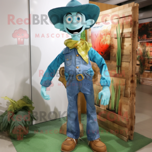 Turquoise Scarecrow mascot costume character dressed with a Boyfriend Jeans and Pocket squares