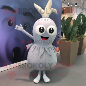 Gray Radish mascot costume character dressed with a Sheath Dress and Keychains