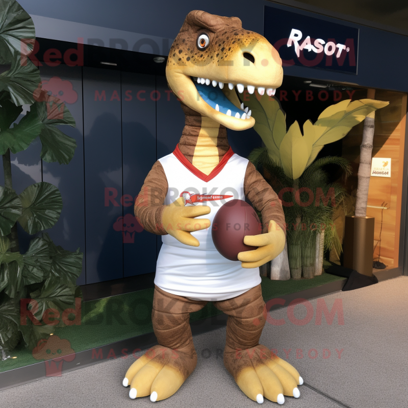 Rust Brachiosaurus mascot costume character dressed with a Rugby Shirt and Headbands