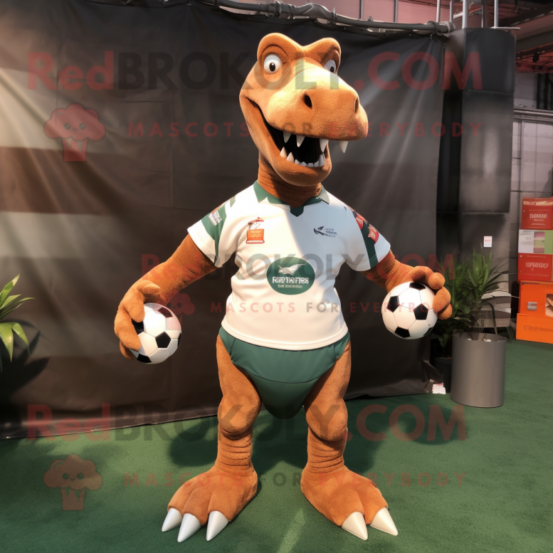 Rust Brachiosaurus mascot costume character dressed with a Rugby Shirt and Headbands Rust Brachiosaurus mascot costume character dressed with a Rugby Shirt and Headbands