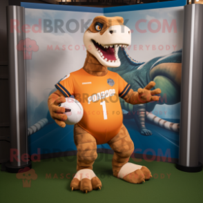 Rust Brachiosaurus mascot costume character dressed with a Rugby Shirt and Headbands