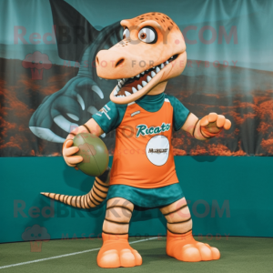 Rust Brachiosaurus mascot costume character dressed with a Rugby Shirt and Headbands