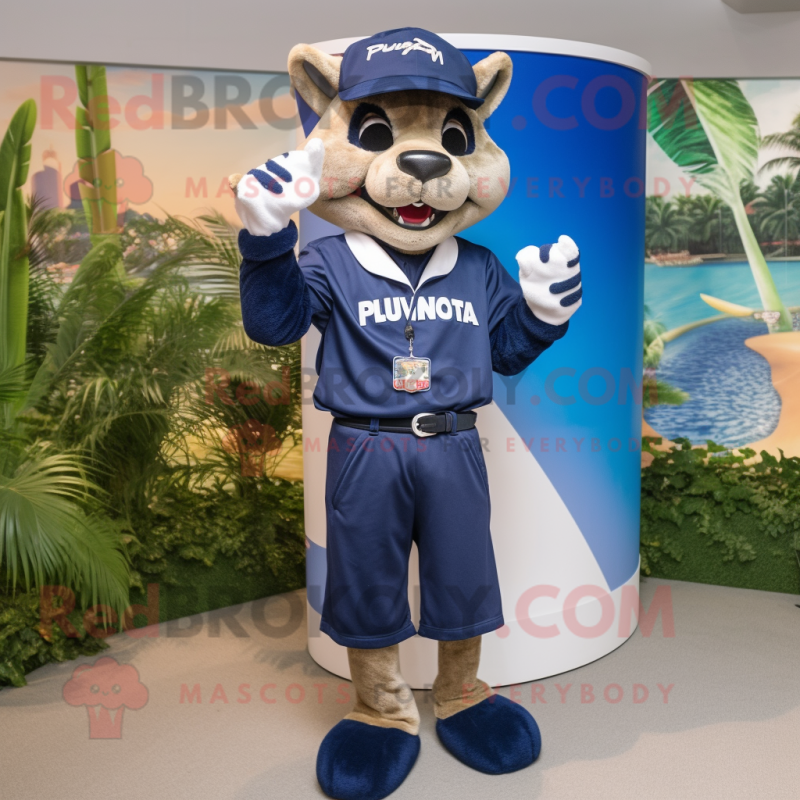 Navy Puma mascot costume character dressed with a Bermuda Shorts and Bracelet watches