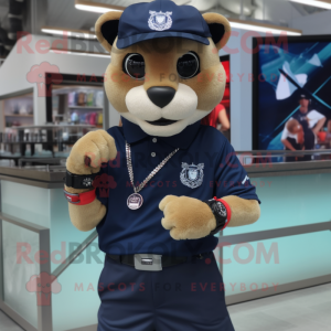 Navy Puma mascot costume character dressed with a Bermuda Shorts and Bracelet watches