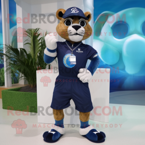 Navy Puma mascot costume character dressed with a Bermuda Shorts and Bracelet watches
