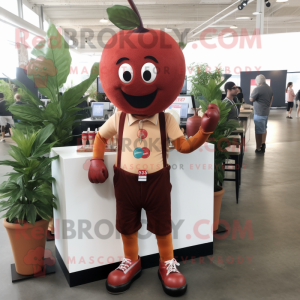 Rust Cherry mascot costume character dressed with a Henley Tee and Suspenders