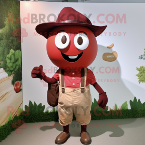 Rust Cherry mascot costume character dressed with a Henley Tee and Suspenders