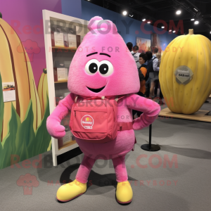 Pink Squash mascot costume character dressed with a Corduroy Pants and Backpacks