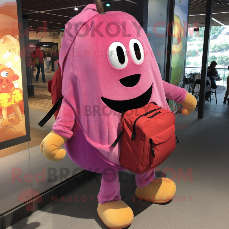 Pink Squash mascot costume character dressed with a Corduroy Pants and Backpacks