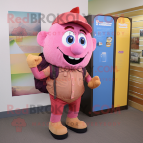 Pink Squash mascot costume character dressed with a Corduroy Pants and Backpacks