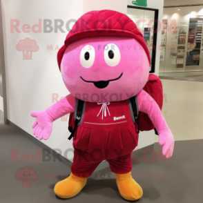 Pink Squash mascot costume character dressed with a Corduroy Pants and Backpacks