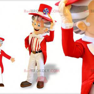 Mascotte d'homme très élégant avec un costume rouge et blanc -