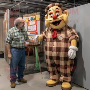Tan Clown mascot costume character dressed with a Flannel Shirt and Watches