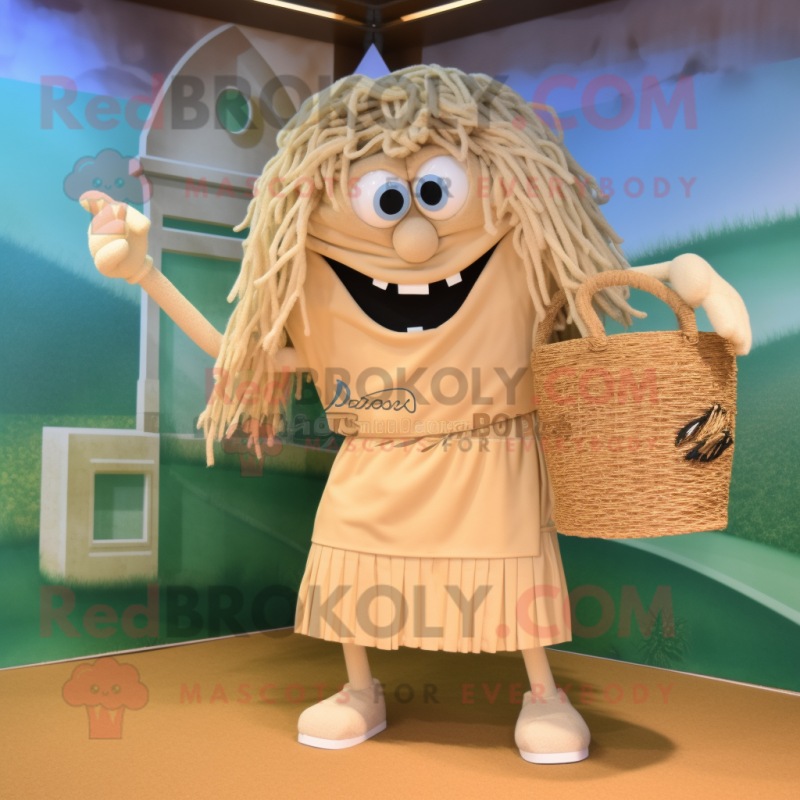 Beige Spaghetti mascot costume character dressed with a Shorts and Clutch bags Beige Spaghetti mascot costume character dressed with a Shorts and Clutch bags