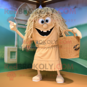 Beige Spaghetti mascot costume character dressed with a Shorts and Clutch bags