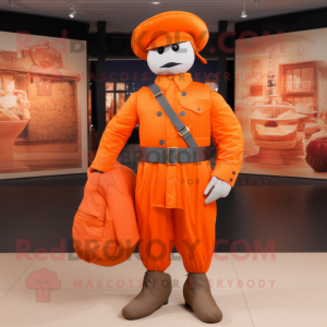 Orange Civil War Soldier mascot costume character dressed with a Jumpsuit and Clutch bags