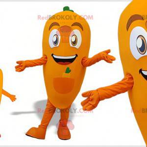 Mascote gigante e sorridente de cenoura laranja e verde -