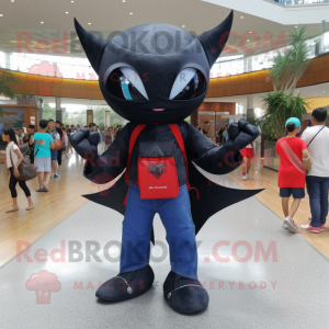 Black Manta Ray mascot costume character dressed with a Denim Shorts and Clutch bags