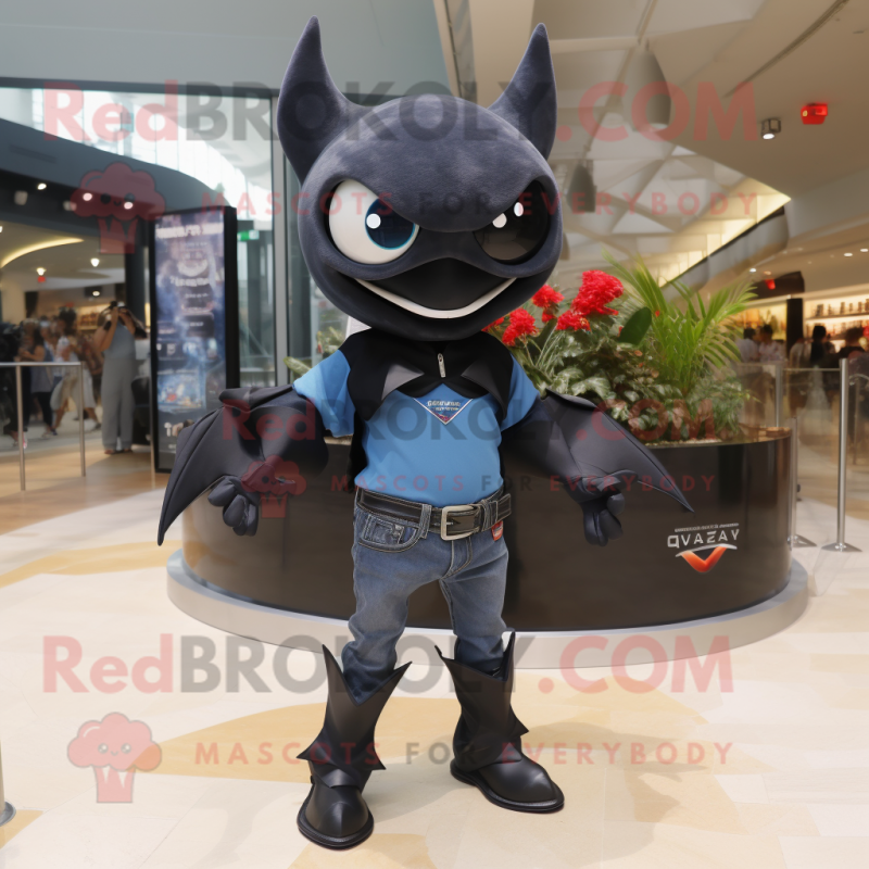 Black Manta Ray mascot costume character dressed with a Denim Shorts and Clutch bags