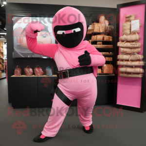 Pink Ninja mascot costume character dressed with a Vest and Handbags