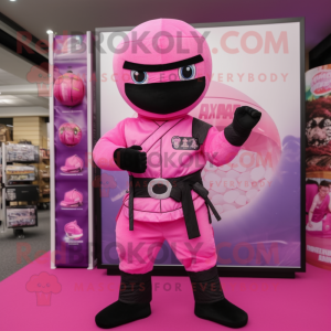 Pink Ninja mascot costume character dressed with a Vest and Handbags