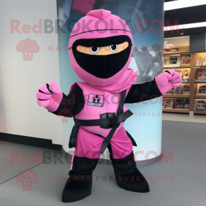 Pink Ninja mascot costume character dressed with a Vest and Handbags