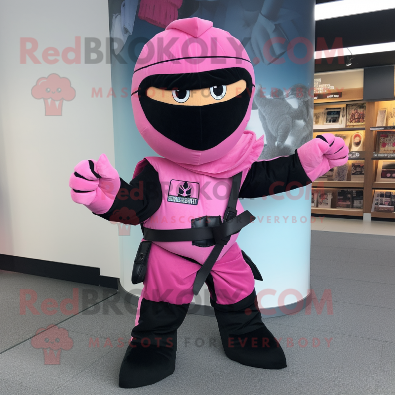 Pink Ninja mascot costume character dressed with a Vest and Handbags