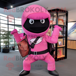 Pink Ninja mascot costume character dressed with a Vest and Handbags