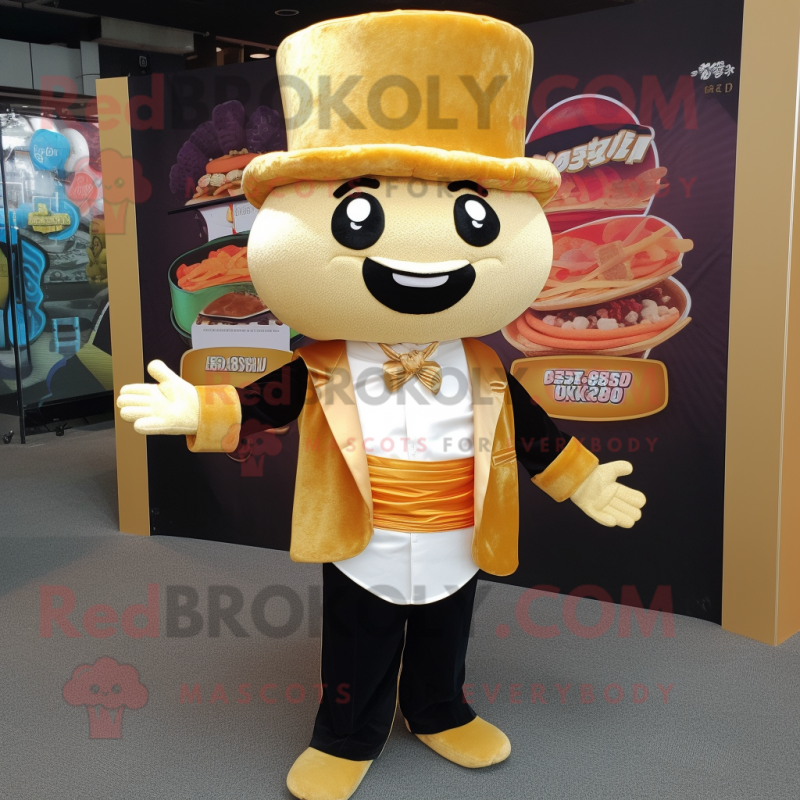 Gold Sushi mascot costume character dressed with a Suit and Berets Gold Sushi mascot costume character dressed with a Suit and Berets