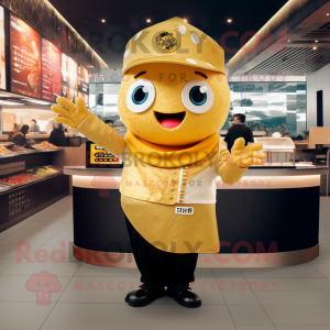 Gold Sushi mascot costume character dressed with a Suit and Berets