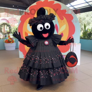 Black Paella mascot costume character dressed with a Circle Skirt and Handbags