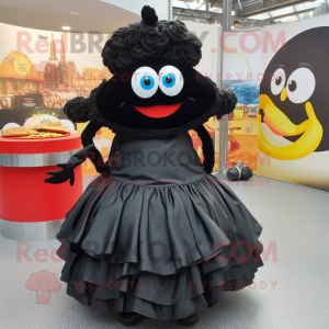 Black Paella mascot costume character dressed with a Circle Skirt and Handbags