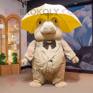 Beige Glyptodon mascot costume character dressed with a Raincoat and Bow ties