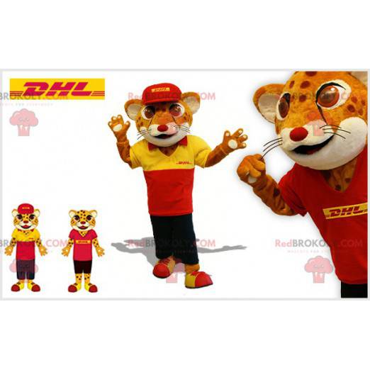 Brown and white feline tiger mascot in delivery outfit -