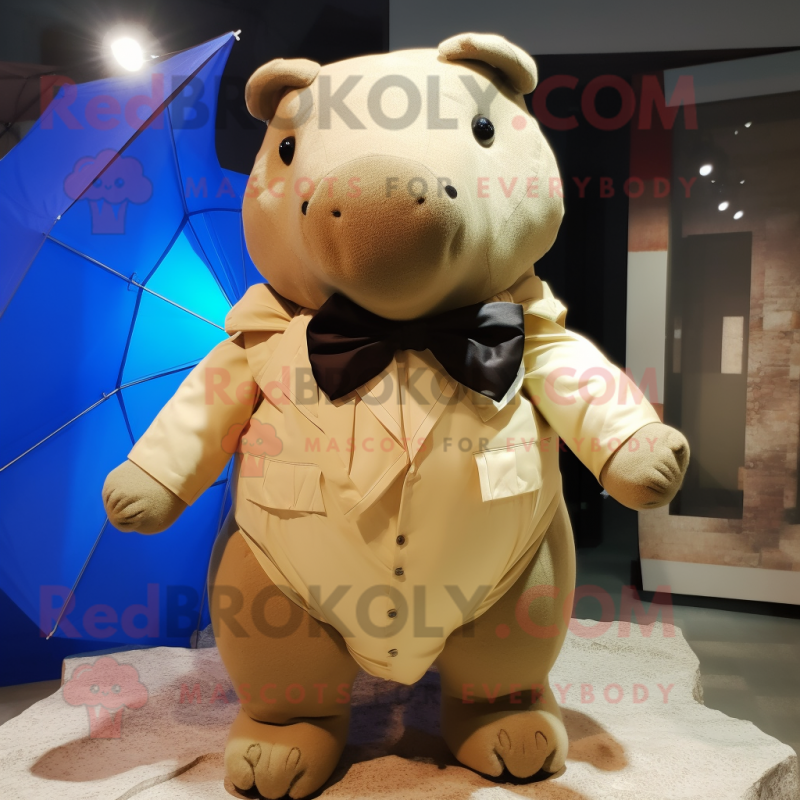 Beige Glyptodon mascot costume character dressed with a Raincoat and Bow ties Beige Glyptodon mascot costume character dressed with a Raincoat and Bow ties