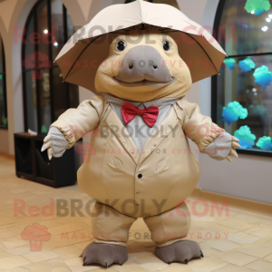 Beige Glyptodon mascot costume character dressed with a Raincoat and Bow ties