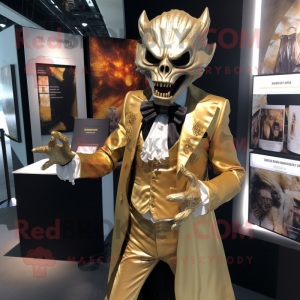 Gold Vampire mascot costume character dressed with a Blazer and Lapel pins