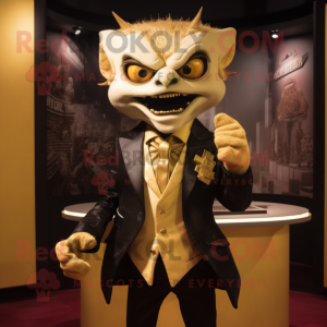 Gold Vampire mascot costume character dressed with a Blazer and Lapel pins