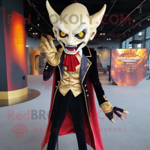 Gold Vampire mascot costume character dressed with a Blazer and Lapel pins