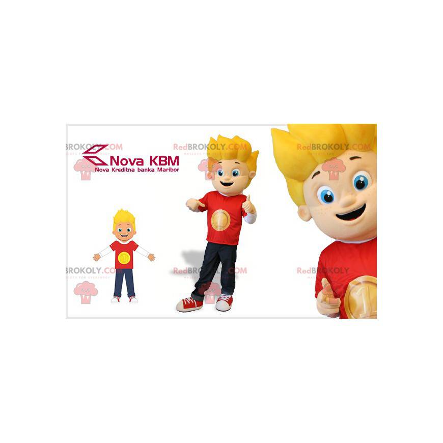 Mascot blond boy with blue eyes dressed in red - Redbrokoly.com